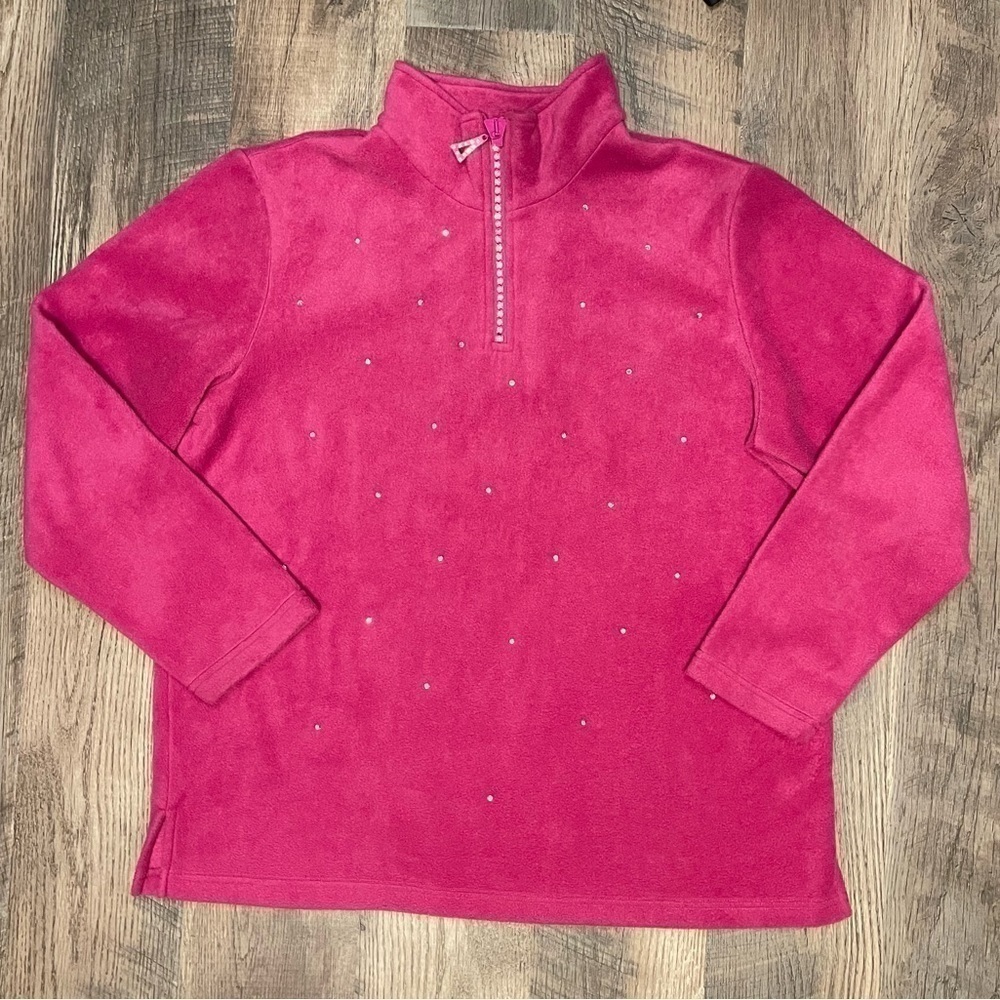 Quaker Factory Hot Pink Fleece 3/4 Zip Sweatshirt WT Rhinestones